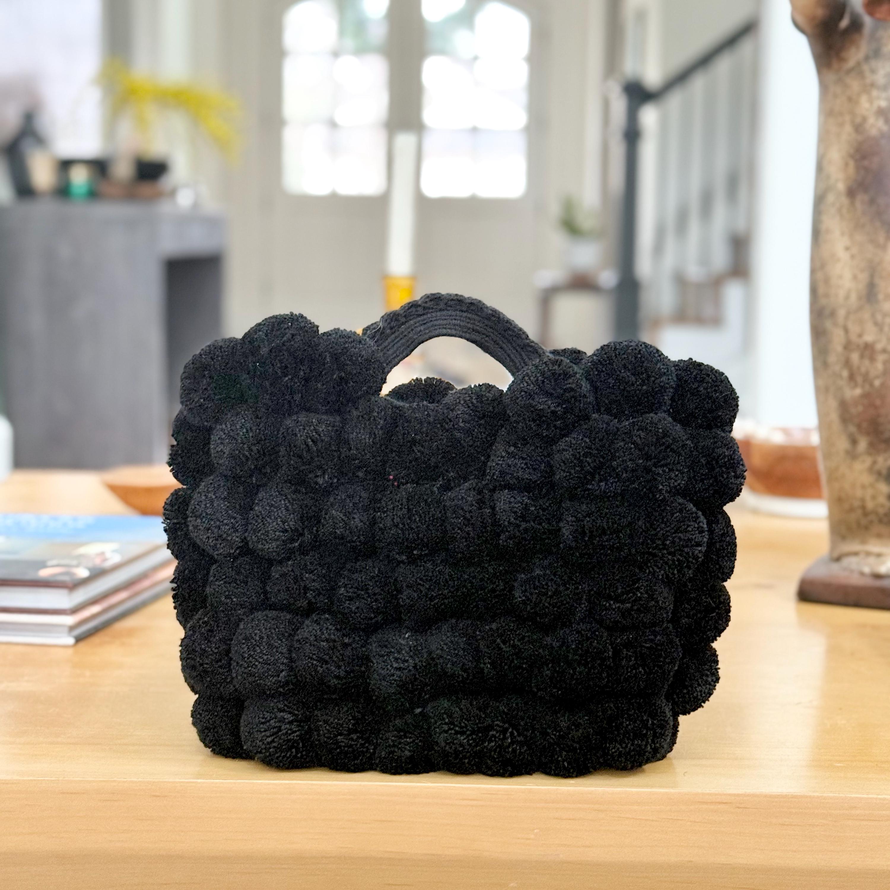 LARGE Black Wayuu Colombia Mochila Fuzzy Floral Bucket Bag Pom Poms (b38) Wayuu mochila bag | Large Tradicional | Brown Base Colorfull  main image 3