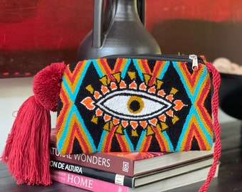 Eye Clutch, Sac Wayuu, Pochette, Pochette Evil Eye, Sobre Wayuu, Pochette d'été, Pochette Boho, Oeil turc, Pochette Boho, Tons neutres.