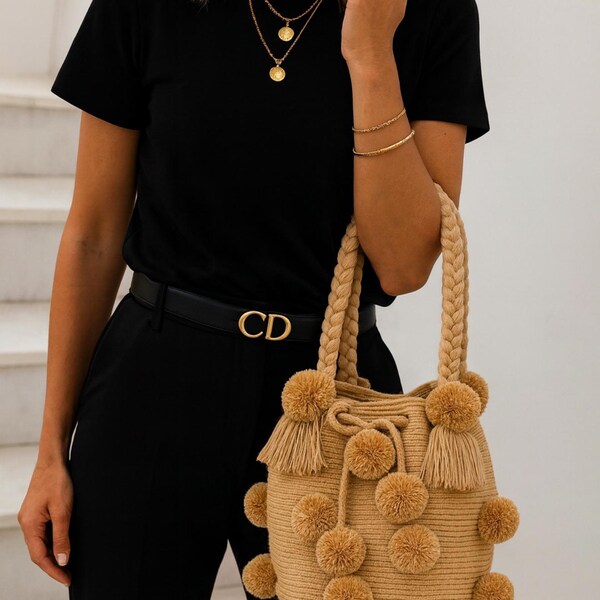 Handmade Wayuu Bag with Pompoms, Cream Beige, Bucket Bag.