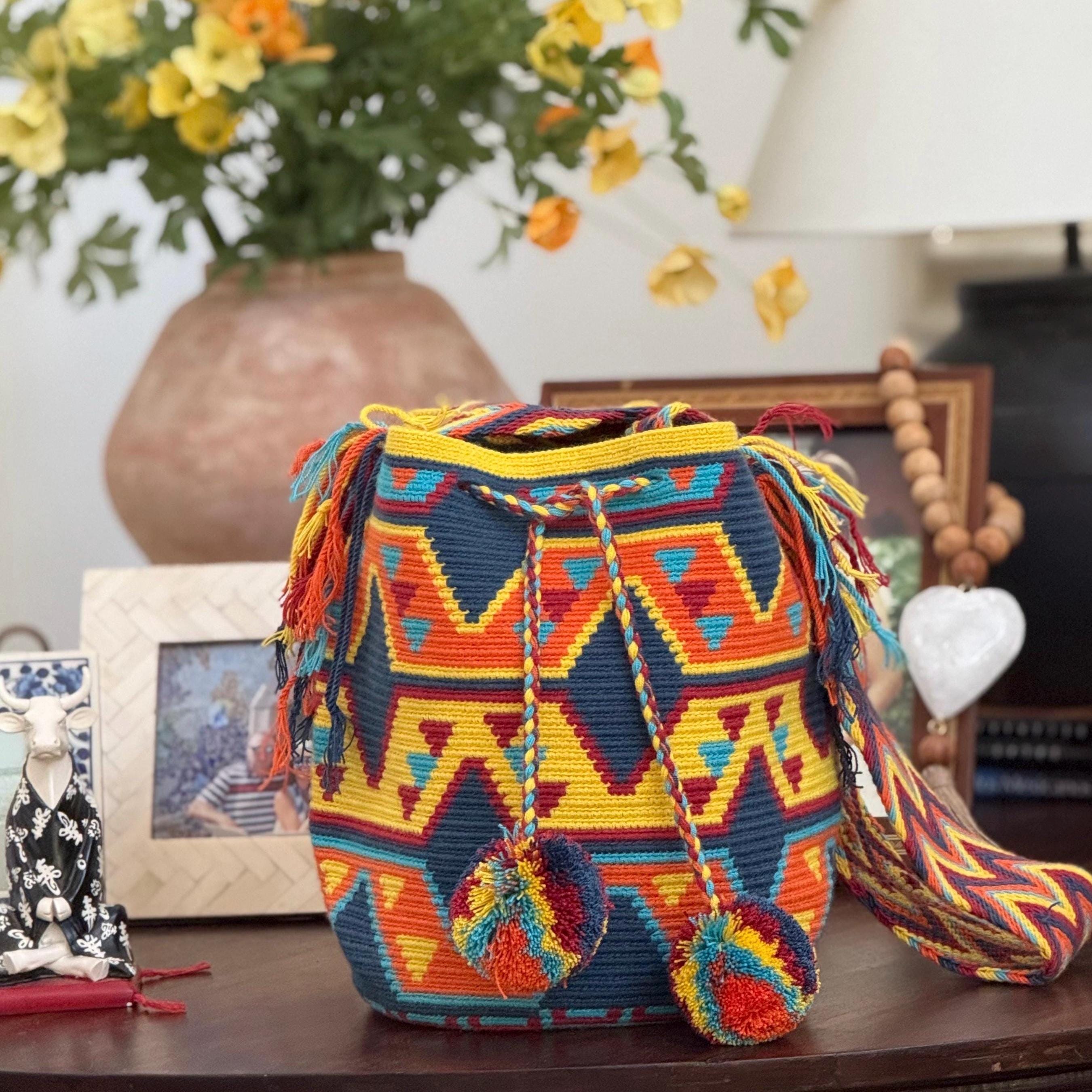 LARGE Black Wayuu Colombia Mochila Fuzzy Floral Bucket Bag Pom Poms (b38) Wayuu mochila bag | Large Tradicional | Brown Base Colorfull  main image 4