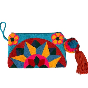 Mandala Clutch, Colorful Mandala Wrist Purse, Makeup Bag, Authentic Wayuu, Statement  piece.