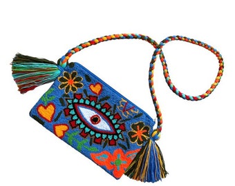 Crossbody-Clutch with braided strap, bohemian eye crossbody, shoulder lucky eye, handmade , fuzzy bag, funky eye purse.