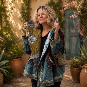 May include: A long-sleeved, hooded jacket featuring a patchwork design with various shades of olive green, dark blue, and brown. The garment has a quilted texture with visible stitching patterns and a front opening, worn over a plain black shirt.