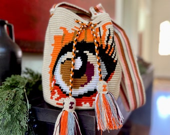 Authentique Grand Crochet Wayuu, Lucky Eye Mochila, Fait main, Sac Wayuu, Colombie, Épaule, Bandoulière, style Boho, cadeau de Noël