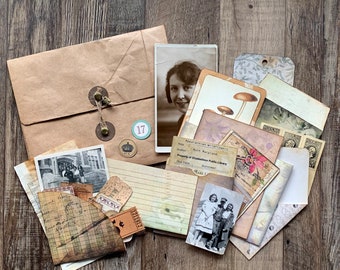 Ephemera Bundle with Pouch, String Tie Closure Envelope, Designed/Printed Vintage-style Ephemera, Vintage Photos & Distressed Ephemera