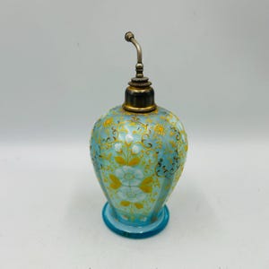 Antique Bohemian blue Glass perfume bottle with hand painted enamel