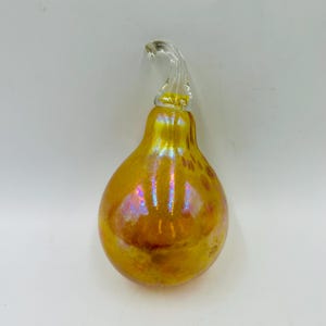 Hand Blown Iridescent Glass Pear Ornament: Amber Orange Faux Fruit