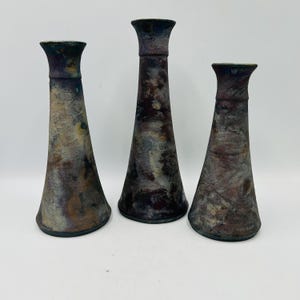 3 graduated artist signed raku pottery candlestick