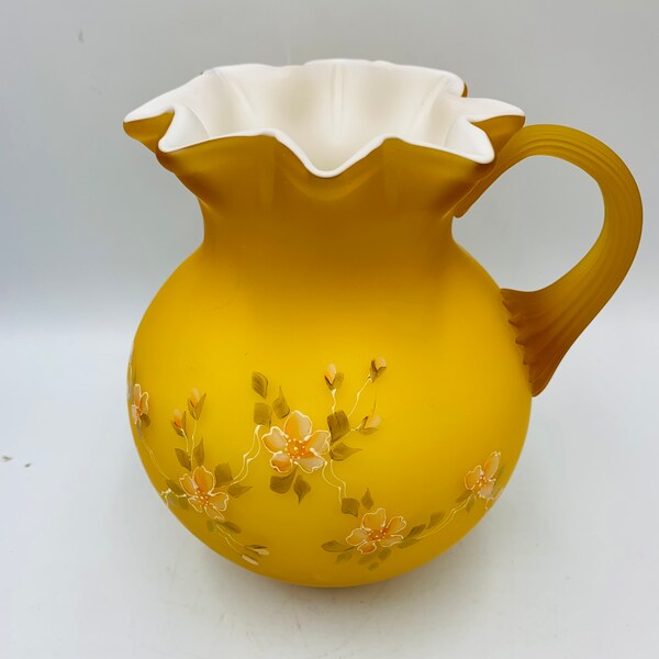 Fenton Satin glass Honey Amber Gold Overlay Pitcher LG Wright Hand Painted FREE SHIPPING