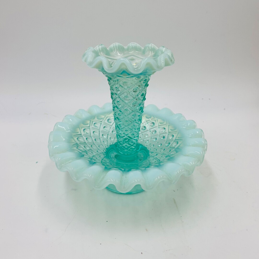 Fenton Miniature Epergne Single Horn Light Green Opalescent Diamond and