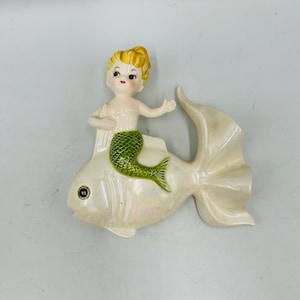 vintage rare Norcrest Mermaid riding fish pearlized finish