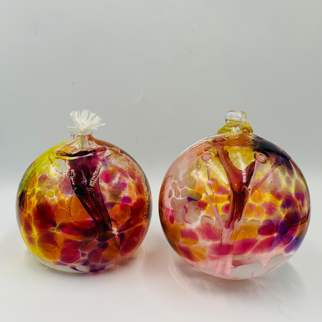 Beautiful Hand Blown Glass Matching Set Oil Lamp and Witches Ball