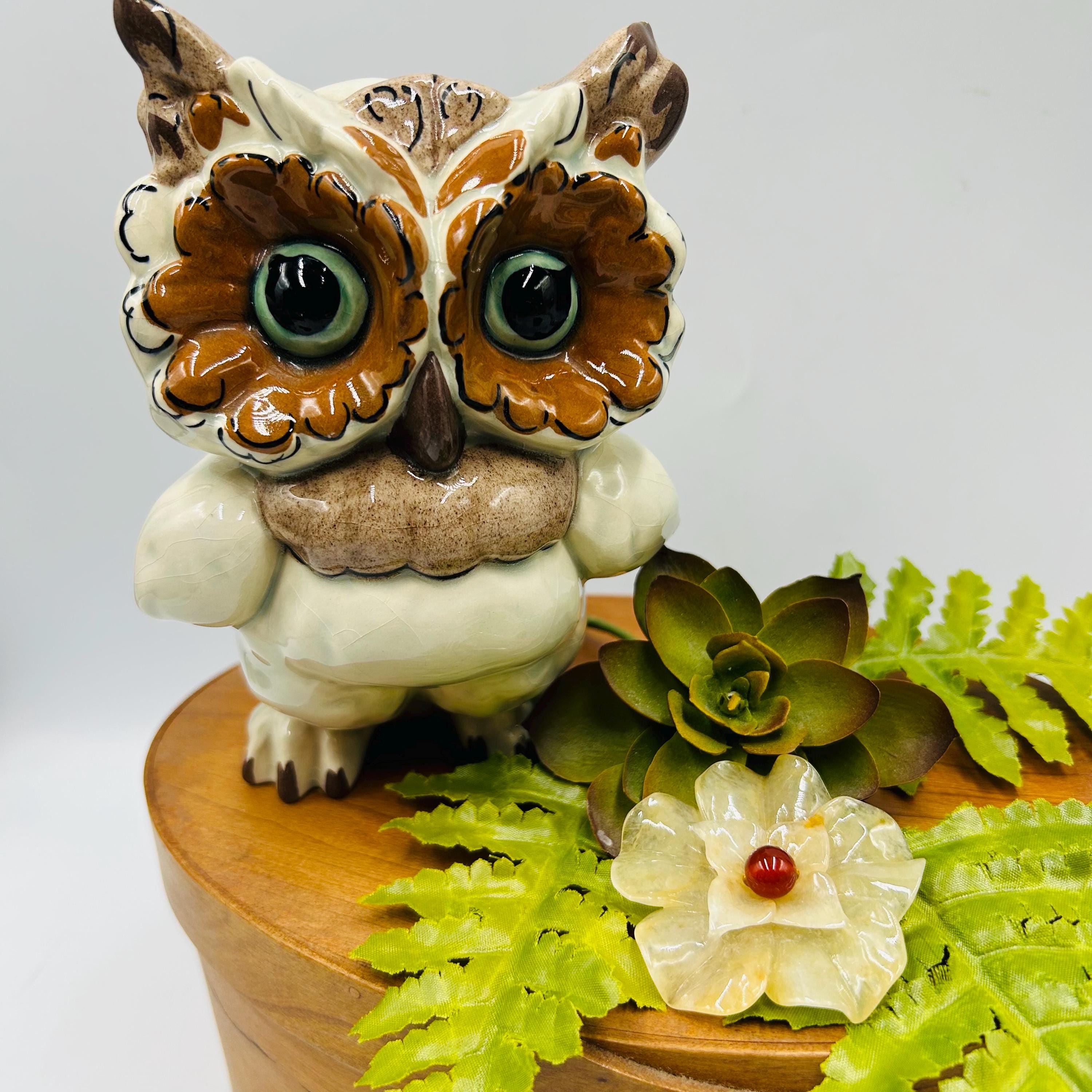 vintage Kay Finch Ceramic 6&rdquo; Owl figurine Grey Brown Aqua eyes