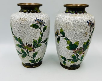 pair of antique Cloissone Vases white brass and green floral design