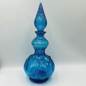 vintage MCM Empoli glass Capri blue corset genie bottle decanter