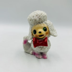 vintage sugar texture puppy dog poodle with red bow figurine