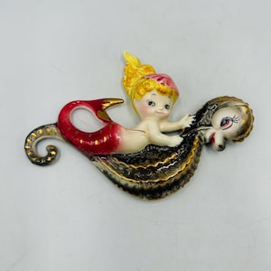 Vintage Lefton Ceramic Wall Plaque Mermaid Seahorse Hanging Decor Japan #528