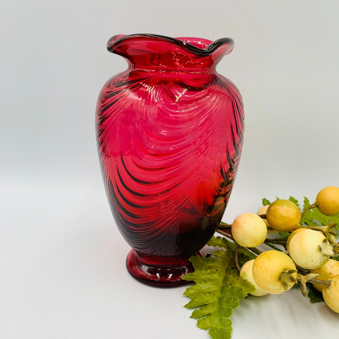 Beautiful Fenton Cranberry Glass Vase With Drape Pattern 7 FREE