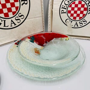 Peggy Karr fused glass crescent moon Santa face plate and bowl set