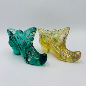2 Beautiful Fenton Glass hand painted Slipper Green and Iridescent yellow