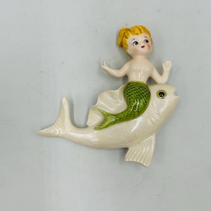 Vintage Norcrest pearlized iridescent mermaid riding a fish wall plaque