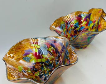 beautiful iridescent colorful mottled blown art glass bowls likely MSH