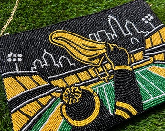 Pittsburgh Football Stadium Beaded Clutch | Hand-Beaded Game Day Purse | Black & Gold Stadium Bag | Football Fan Gift | Full Count Threads