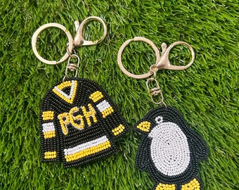 Pittsburgh Hockey Beaded Bag Charm | Penguin & PGH Jersey Charm | Black and Gold Hockey Accessory | Hockey Gift | Full Count Threads