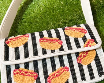 Beaded Hot Dog Shoulder Bag | Handmade Beaded Purse | Pittsburgh Game Day Bag | Steel City Accessories | Fourth of July | Glizzy
