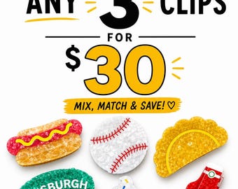 BUNDLE of THREE | Pittsburgh Claw Clips – Ice Cream Helmet | Ketchup  | Pickle Hair Clip | Pierogi | Hot Dog | Baseball | Full Count Threads