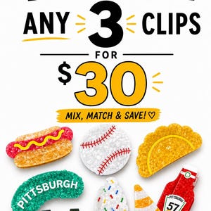BUNDLE OF THREE | Pittsburgh Claw Clips – Ice Cream Helmet | Ketchup | Pickle | Cone | Pierogi | Hot Dog | Baseball | Pittsburgh Bridge