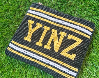 YINZ Beaded Coin Purse | Pittsburgh Beaded Zip Pouch | Handmade Black & Gold Wallet | Yinzer Gift | Football Game Day Accessory