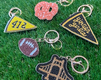 Beaded Bag Charms | 412 and Yinzer Girlie pennant, football, soft pretzel Pittsburgh bridge Keychains | Pittsburgh Accessories | Yinzer