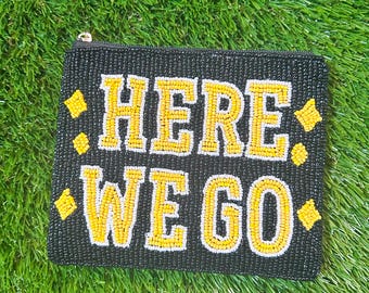 Here We Go Beaded Coin Purse | Pittsburgh Football Beaded Zip Pouch | Handmade Black & Gold Coin Purse | Game Day Wallet | Gift for Football