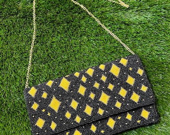 Black & Gold Beaded Clutch | Hand-Beaded Evening Bag | Football Game Day Purse | Pittsburgh-Inspired Clutch | Full Count Threads