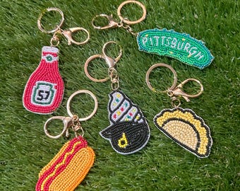Beaded Bag Charms | Pierogi, Pickle, Hot Dog, Ketchup & Ice Cream Helmet Keychains | Pittsburgh Game Day Accessories | Yinzer gift | 412