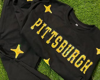 Pittsburgh Lounge Set - Pittsburgh Sequin Sweatshirt and Sweatpants - black and gold sweatsuit - Pittsburgh women’s apparel - 412