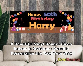 Banner de feliz cumpleaños, 4 tamaños, vinilo personalizado para decoración de fiestas en interiores y exteriores, nombre y edad personalizados, CB120