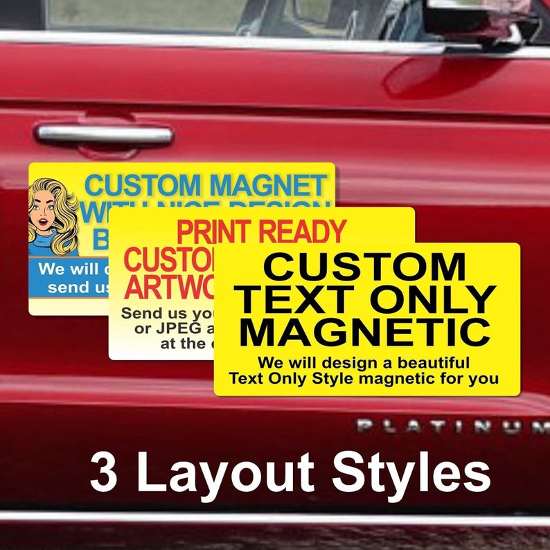 May include: Three yellow rectangular custom magnet designs. The top magnet says "Custom Magnet with Nice Design". The middle magnet says "Print Ready Custom Artwork". The bottom magnet says "Custom Text Only Magnetic". The text on the bottom magnet says "We will design a beautiful Text Only Style magnetic for you".