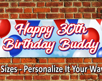 Birthday Banner, Balloons Red White Blue, 4 Sizes, Personalized Vinyl In/Outdoor Party Decor, BB139