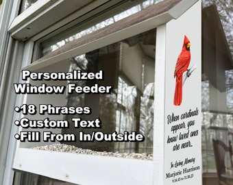 Comedero para pájaros de ventana en memoria del cardenal: relleno interior, personalizado.