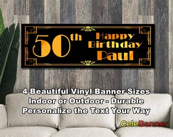 Banner de feliz cumpleaños, 4 tamaños, vinilo personalizado para decoración de fiestas en interiores y exteriores, nombre y edad personalizados, CB129