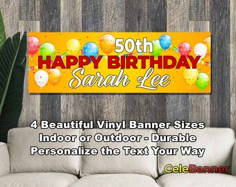 Banner de feliz cumpleaños, 4 tamaños, vinilo personalizado para decoración de fiestas en interiores y exteriores, nombre y edad personalizados, CB201