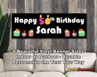 Banner de feliz cumpleaños, 4 tamaños, vinilo personalizado para decoración de fiestas en interiores y exteriores, nombre y edad personalizados, CB114