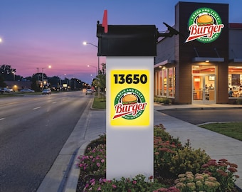 Solar Backlit Mailbox Post: Business Logo or Custom Graphic Personalized Address Sign, Rust-Free Finish