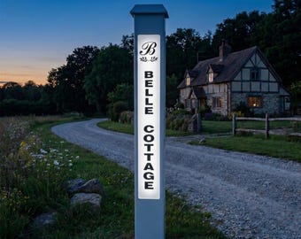 Solar Lighted Cottage or Cabin Name Number Sign Post