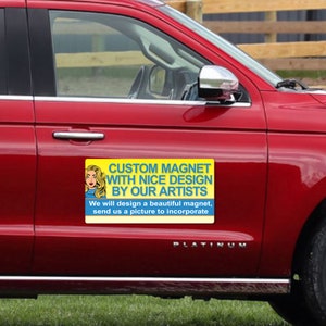 May include: A yellow and blue custom magnet with a cartoon woman and the text "CUSTOM MAGNET WITH NICE DESIGN BY OUR ARTISTS. We will design a beautiful magnet, send us a picture to incorporate."
