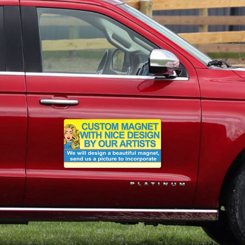 May include: A yellow and blue custom magnet with a cartoon woman and the text "CUSTOM MAGNET WITH NICE DESIGN BY OUR ARTISTS. We will design a beautiful magnet, send us a picture to incorporate."