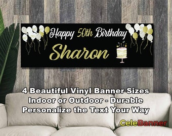 Banner de feliz cumpleaños, 4 tamaños, vinilo personalizado para decoración de fiestas en interiores y exteriores, nombre y edad personalizados, CB113