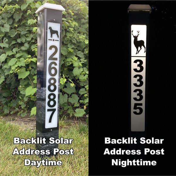 Wrapped or White SOLAR ADDRESS POST w/ Led Backlit Sign, 32"/42"/60"/72" Tall, 1 or 2 sided w/Silhouette/Monogram/Color Image, Inc: Stake